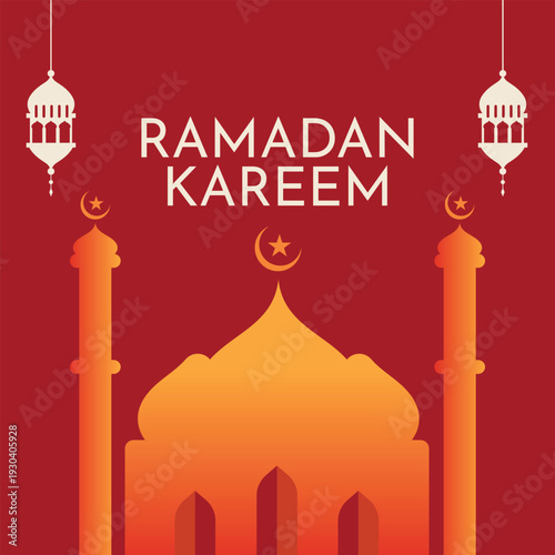 Ramadan Kareem vector banner, text in middle with lantern and Mosque. Ramadan Kareem ads, flyer, invitation, greeting card.