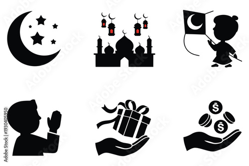 Islamic culture icon set with mosque silhouette crescent moon lanterns boy praying gift box and charity donation coins for ramadan kareem