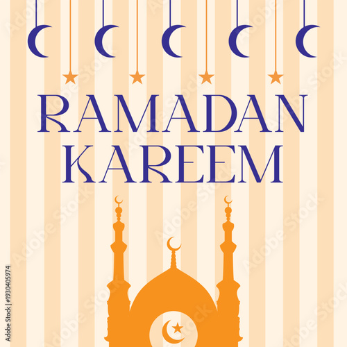 Ramadan Kareem vector banner, text in middle with lantern and Mosque. Ramadan Kareem ads, flyer, invitation, greeting card.