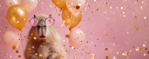 Funny capybara wearing round sunglasses holding happy birthday balloons and confetti explosion flying around greeting card on pink background with copy space.