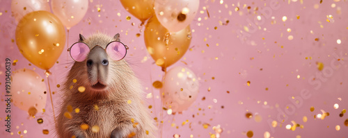 Funny capybara wearing round sunglasses holding happy birthday balloons and confetti explosion flying around greeting card on pink background with copy space.
