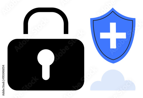 Digital security, cloud technology, data protection, healthcare privacy, online safety, antivirus. Black lock next to blue shield with cross and cloud graphic. Cybersecurity and cloud technology