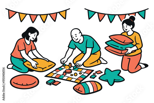 friends playing board games with cushions