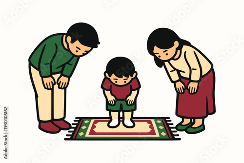 muslim family praying together on prayer mat
