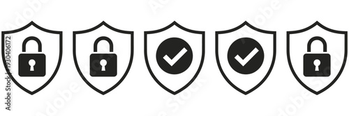 Security shield icon set with locked and unlocked padlocks, checkmark verification symbol, cyber protection shield, safety defense system, and digital security concept vector