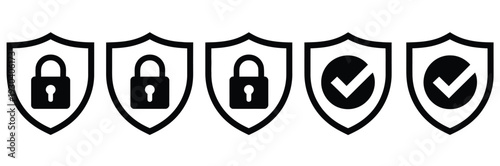 Security shield protection icon collection featuring lock, unlock, and checkmark authentication signs, data safety defense, privacy security, and cybersecurity vector