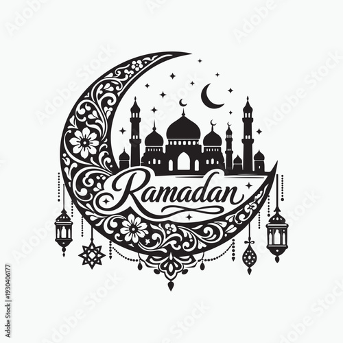 Ramadan Kareem vector banner, text in middle with lantern and Mosque. Ramadan Kareem ads, flyer, invitation, greeting card.