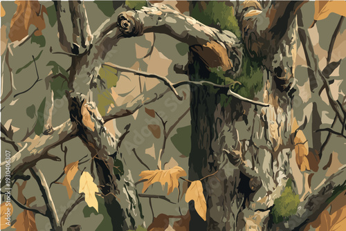Seamless camouflage pattern texture displays oak trees and branches. Real Tree Camouflage Pattern.Seamless Forest Camo Featuring Real Tree Design for Military and Hunting Use.