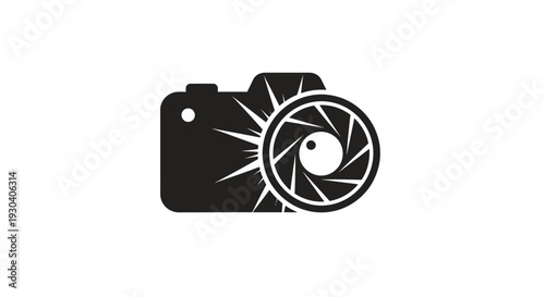 Black and white camera icon graphic.