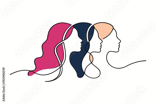 three women's faces in profile,continuous line art with colorful hair,elegant and modern