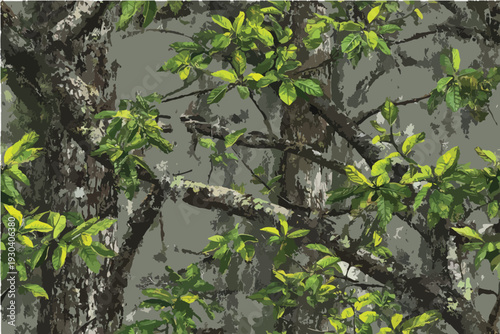 Mossy oak tree camouflage background with branches and leaves.Forest real tree hunting camouflage seamless pattern design for military and hunting uniform.