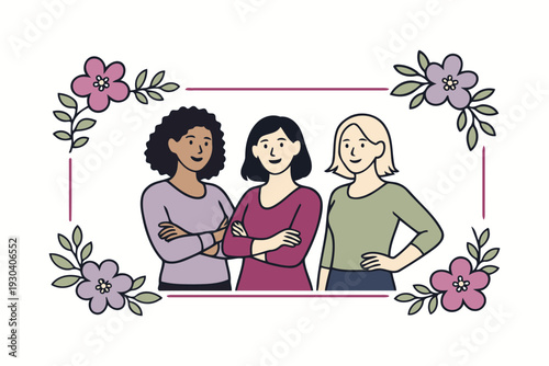 three confident women of diverse backgrounds standing in a floral frame,celebrating femininity