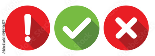 Exclamation Check Mark and Cross Icon Set Flat Design Isolated on White Background