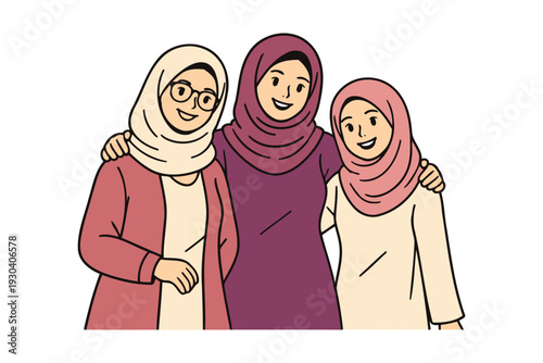 three smiling women in hijab embracing,friends supporting each other,sisterhood