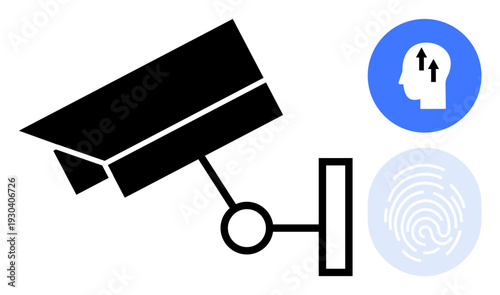 Security system . Security illustrated by a surveillance camera, a fingerprint for biometrics, and a head icon AI. Security focuses on monitoring, biometrics, and AI systems. Themes cybersecurity
