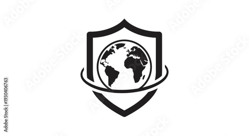 Black and white shield with globe.