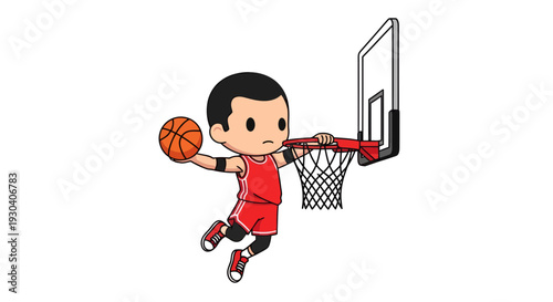 Basketball player illustration, vector style graphic, sports theme, action, dunking, competition