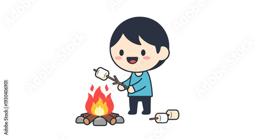 Boy roasting marshmallows, Vector Illustration, camping, outdoor activity, fun