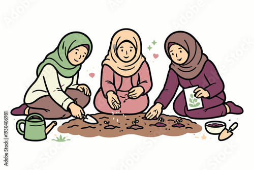 three muslim women planting seedlings in garden,fostering growth together