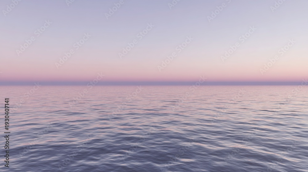 Fototapeta premium Calm expanse of rippling water reflecting the soft purple and pink hues of the sky at dusk.