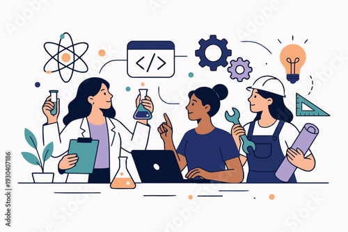 diverse women in stem fields,science,technology,engineering,math illustration