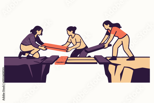 women build bridge across chasm symbolizing overcoming challenges together,unity