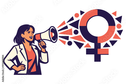 woman shouts from megaphone,empowering message,feminist symbol,illustration