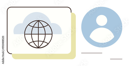 Cloud computing, global network, user identity, digital connectivity, data management, online profiles. Minimalist design shows a globe within a cloud and a user icon. Cloud computing and user