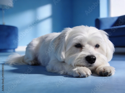 white dog lying on the bed