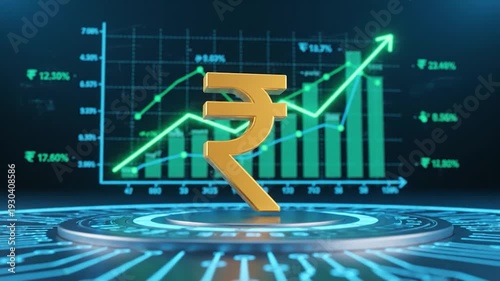 A golden currency symbol sits before a graph with rising values