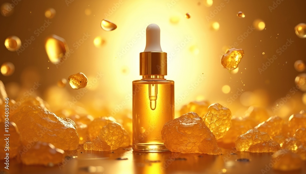Naklejka premium Golden honey serum bottle with honeycomb pieces. Liquid drips from dropper. Amber droplets float around. Product for skin care. Healthy glow.