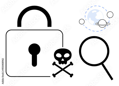 Padlock representing security, skull marking cyber threats, globe with orbits symbolizing global connectivity, magnifying glass as investigation tool. Ideal for cybersecurity, safety, hacking