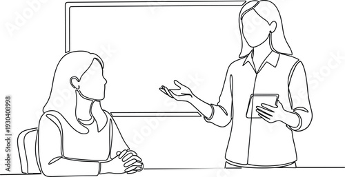 Businesswoman Giving Presentation to Colleague Line Art Illustration Representing Corporate Training, Workplace Communication, Office Discussion and Professional Collaboration Concept