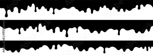 Horizontal set of black dripping liquid borders. Seamless melting paint or slime stripes on white background. Vector grunge leak dividers for decoration. Set of straight melting shape silhouettes.