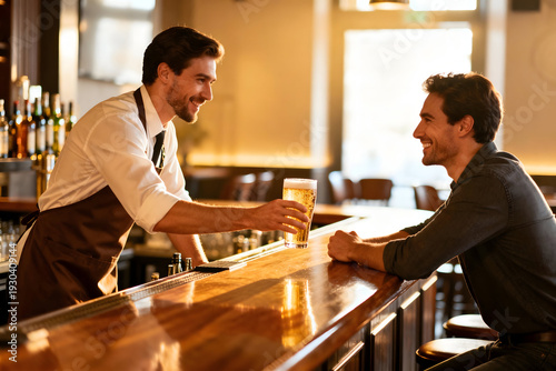 Cheers Moment: A friendly bartender hands a refreshing glass of beer to a customer at a cozy pub, symbolizing the warmth of hospitality and the pleasure of shared moments.