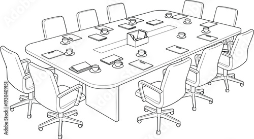 Conference Room Meeting Table with Office Chairs Line Art Illustration Representing Business Discussion, Corporate Collaboration and Workplace Planning Concept