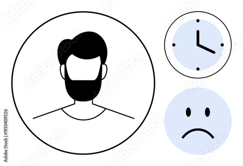 Time management concept. Profile avatar, clock, and sad face time challenges, productivity issues, and emotional stress. Ideal for psychology, workplace, and self-help