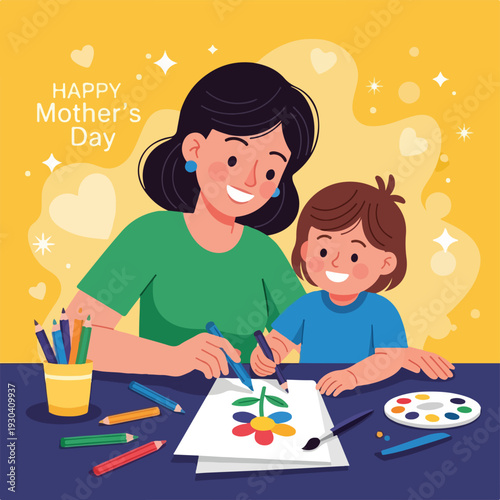 Mother and child create art together for Mother's Day, drawing flowers