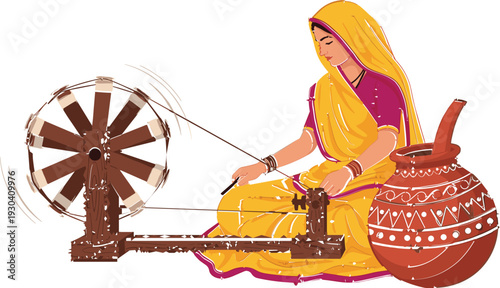 Traditional rural woman spinning yarn with charkha, cultural hand drawn vector illustration representing village life, craftsmanship, heritage, and timeless textile traditions