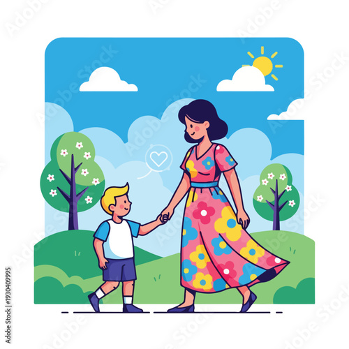 Mother and child strolling in a sunny park holding hands, illustration