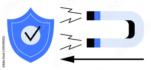 Data security concept. Visual of shield and magnet protection and cybersecurity measures. Data security include encryption, malware defense, risk prevention, and more