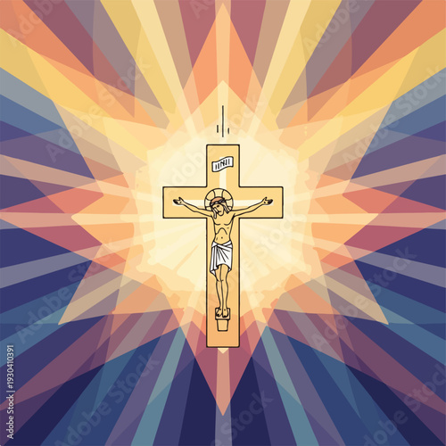 Stylized illustration of a religious figure on a cross with radiant light