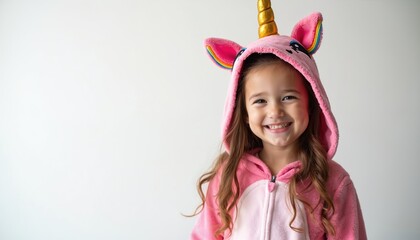Smiling young girl wears pink unicorn costume with horn and ears. Cute child enjoys wearing animal pajamas for party or wallpaper. Fun childhood fantasy dress up.