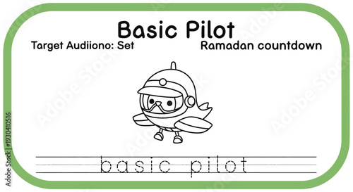 Cute Cartoon Bird Pilot Character with "Basic Pilot" Text for Kids Learning