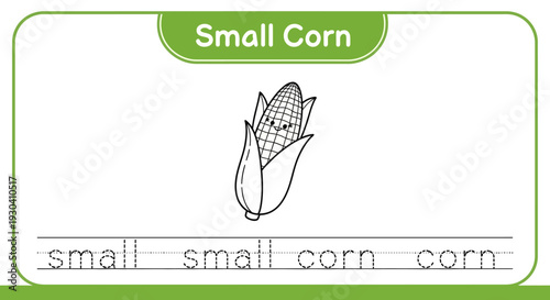 Cute Cartoon Corn Character Learning to Write "Small Corn" - Educational Worksheet