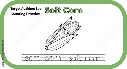 Cute Cartoon Corn Cob Character with Happy Face, Educational Counting Practice Worksheet
