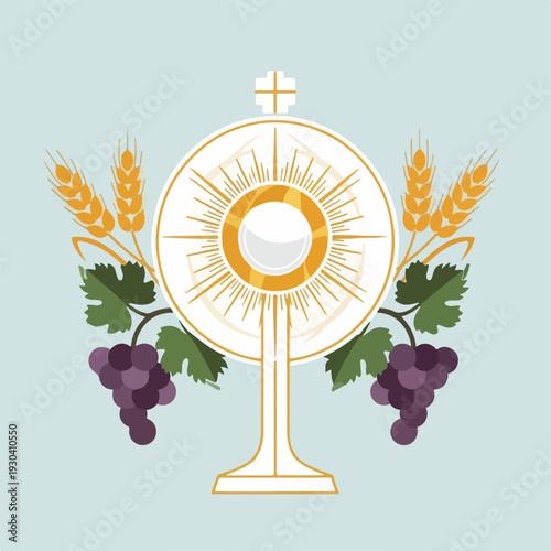 Religious symbol with cross, grapes, wheat, and radiating light