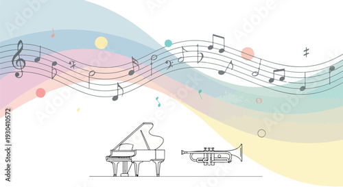 Musical illustration featuring piano, trumpet, and flowing musical notes
