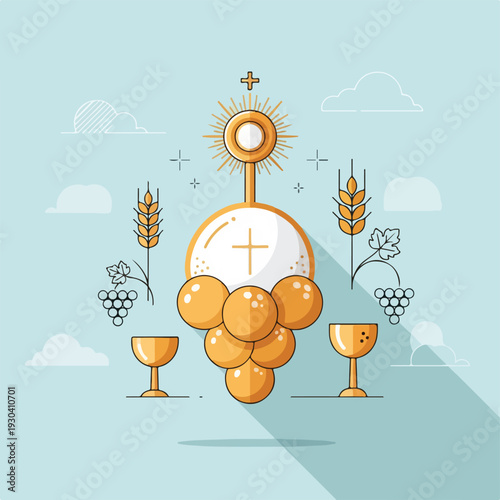Religious themed graphic with chalices, grapes, and communion elements