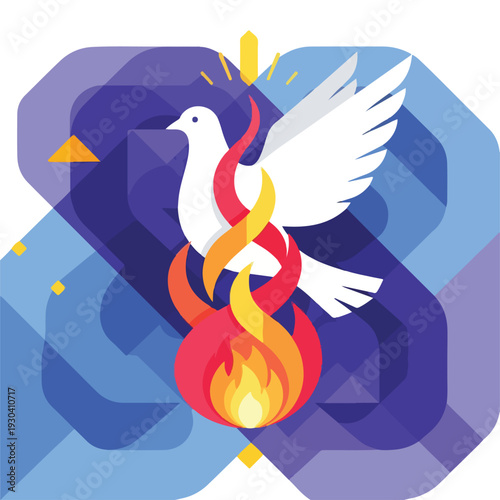 Stylized image of a dove above flames on a geometrical background